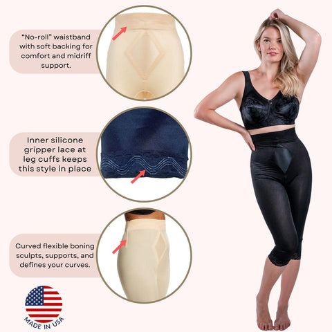 Style 6266 | High Waist Capri Pant Liner with Tummy Control Satin Panel| Memory Compression Fabric | Medium Support