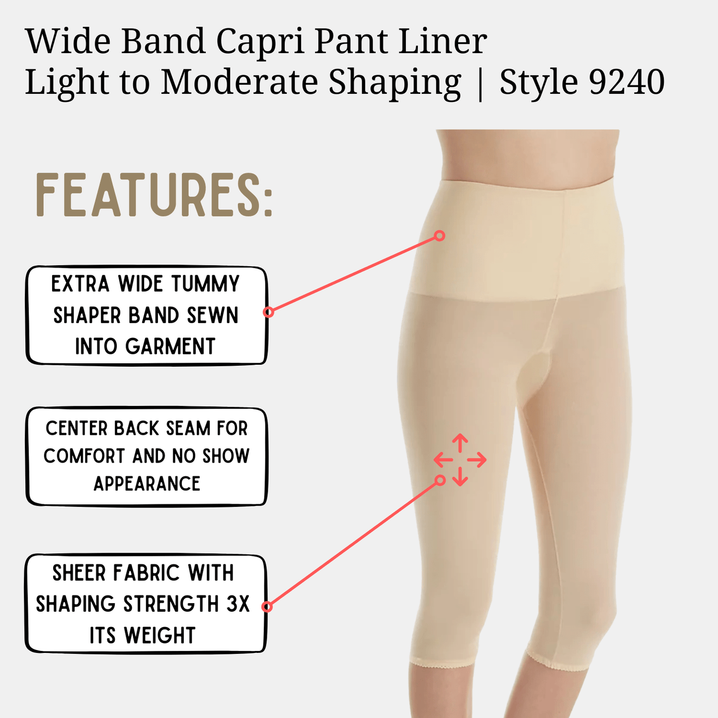 Style 9240 | Shaping Wide Band Capri Pant Liner | Light to Moderate Shaping