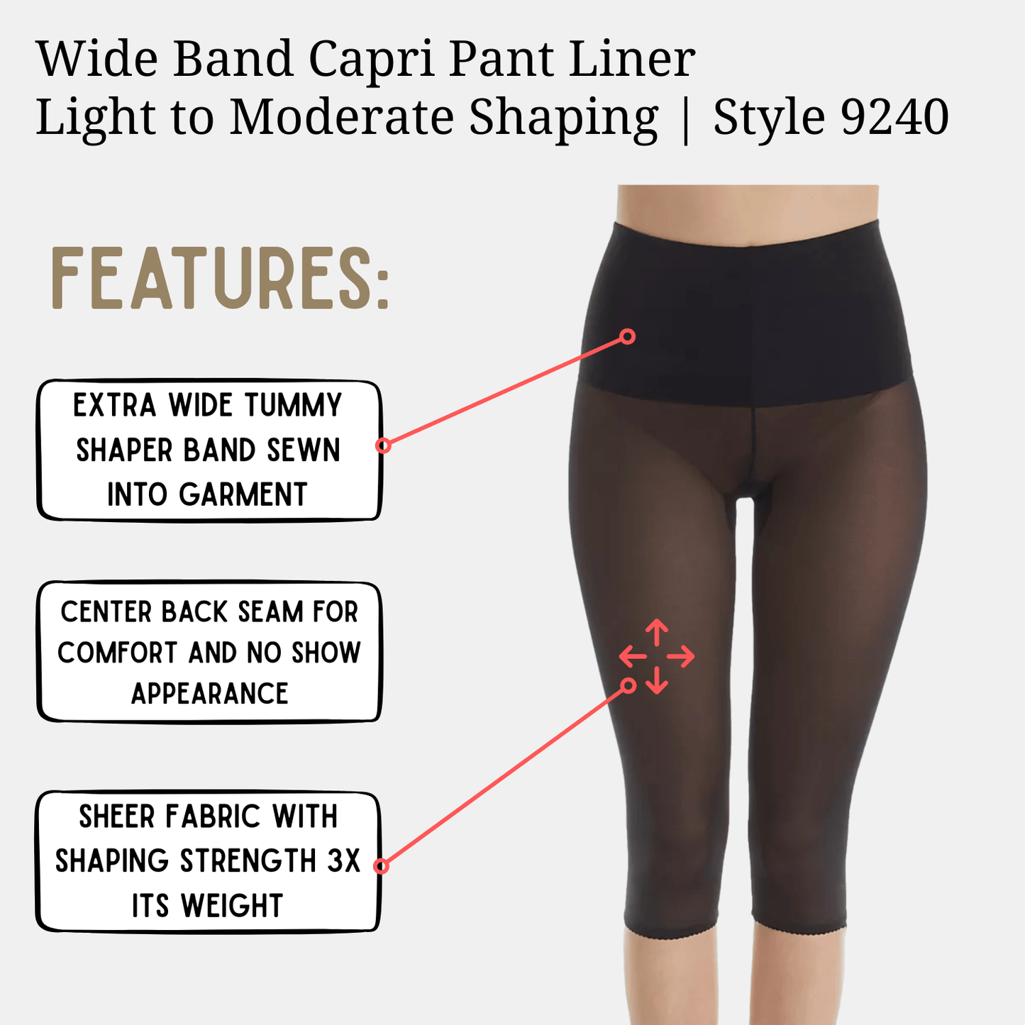Style 9240 | Shaping Wide Band Capri Pant Liner | Light to Moderate Shaping