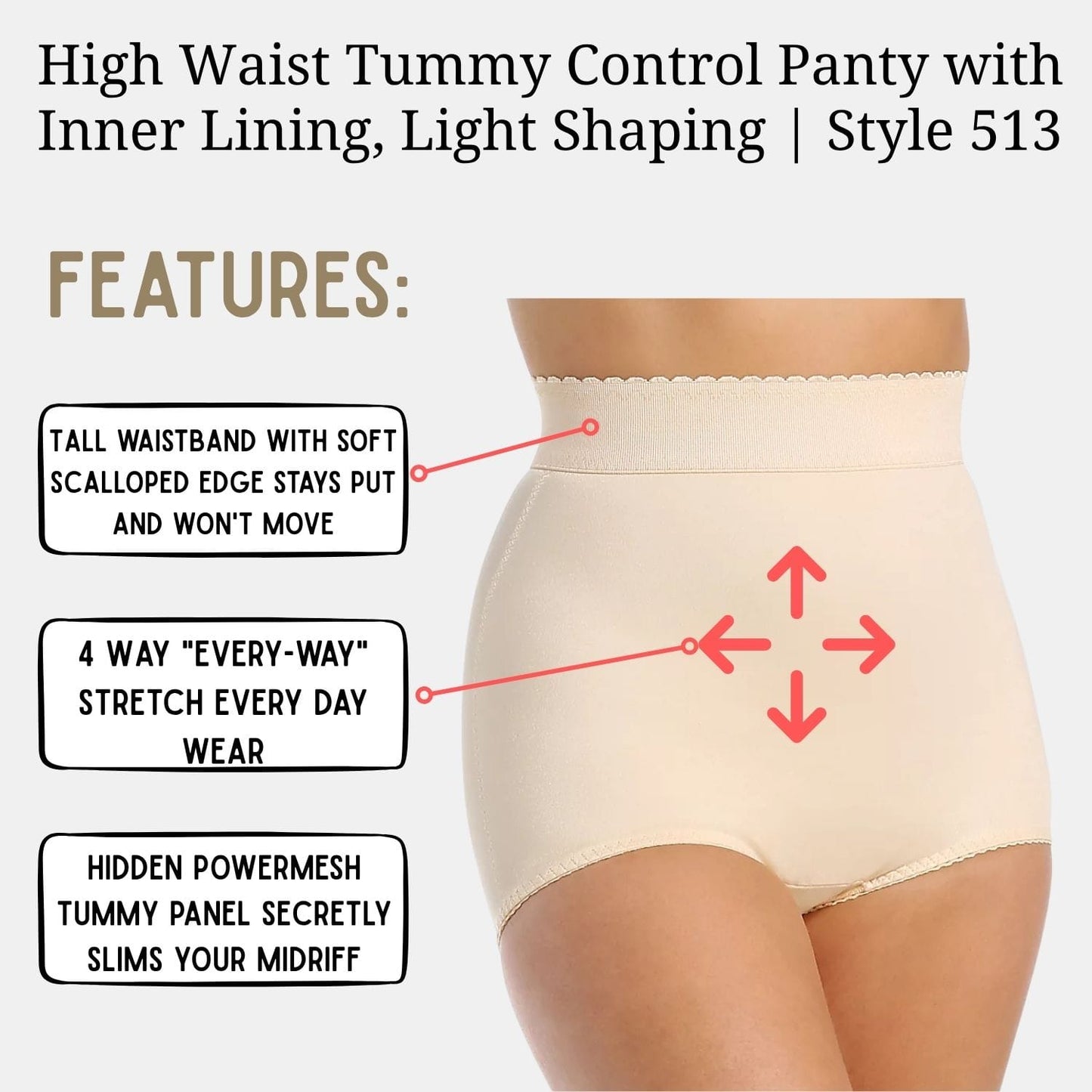 High Waist Tummy Control Panty with Inner Lining, Light Shaping | Style 513