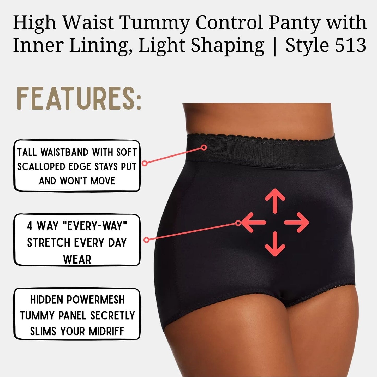 High Waist Tummy Control Panty with Inner Lining, Light Shaping | Style 513
