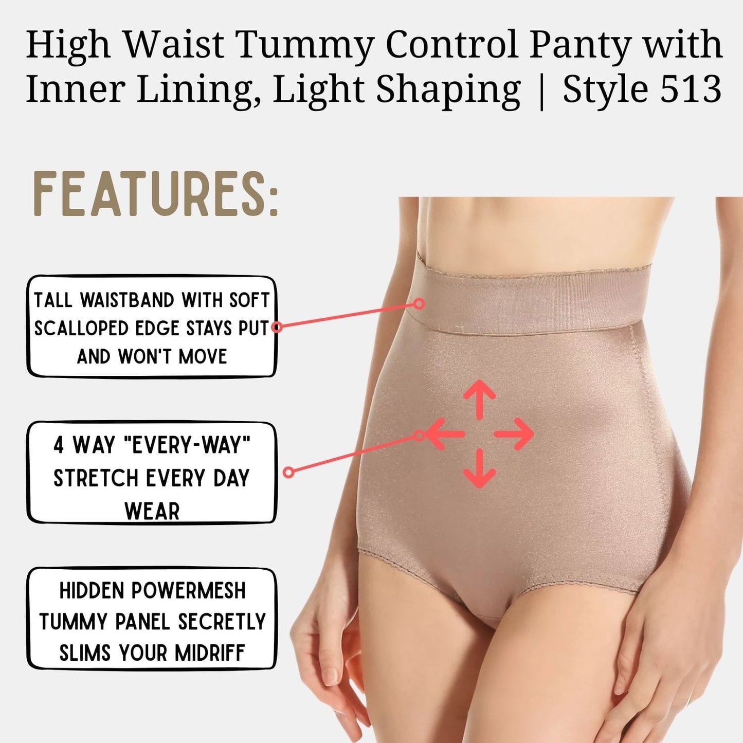 High Waist Tummy Control Panty with Inner Lining, Light Shaping | Style 513