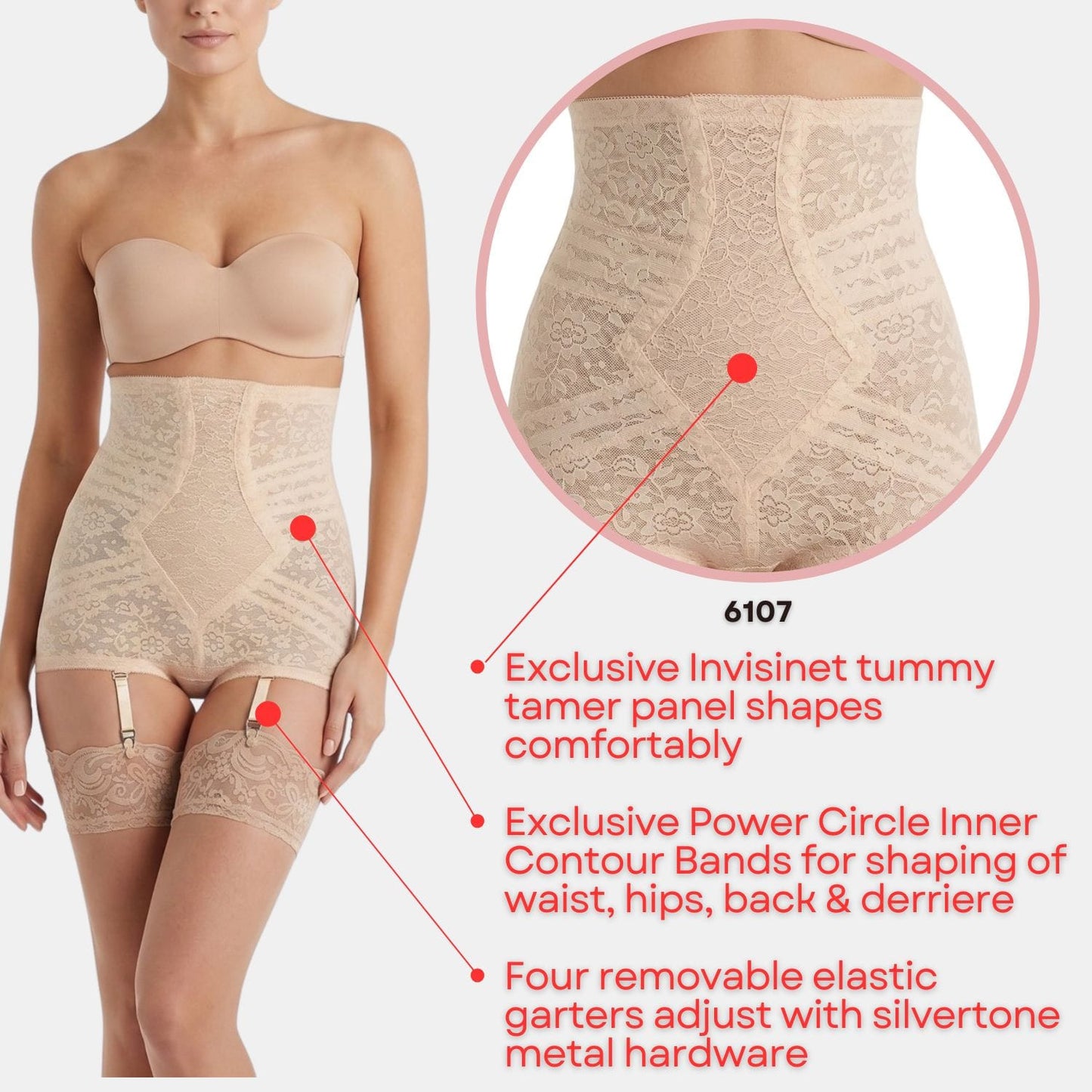 High Waist Extra Firm "No Roll" Panty Girdle with Detachable Garters | Style 6107