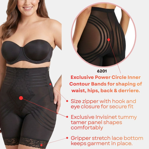 Style 6201 | Breathable High Waist Thigh Slimmer with Side Zipper | No Roll Power Mesh Hourglass Shaper | Firm to Extra Firm Support