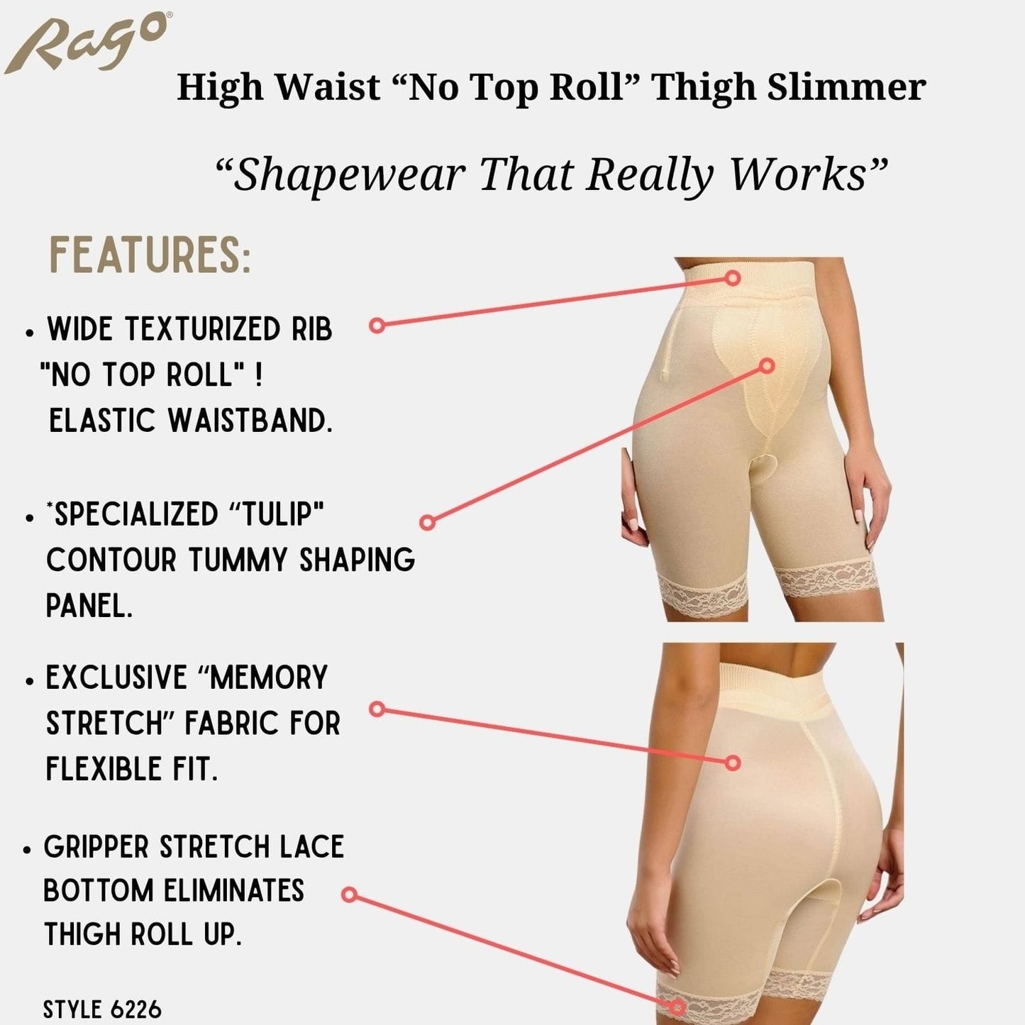 Style 6226 | High Waist Thigh Slimmer with Tulip Front Panel | Memory Compression Fabric | Medium Support