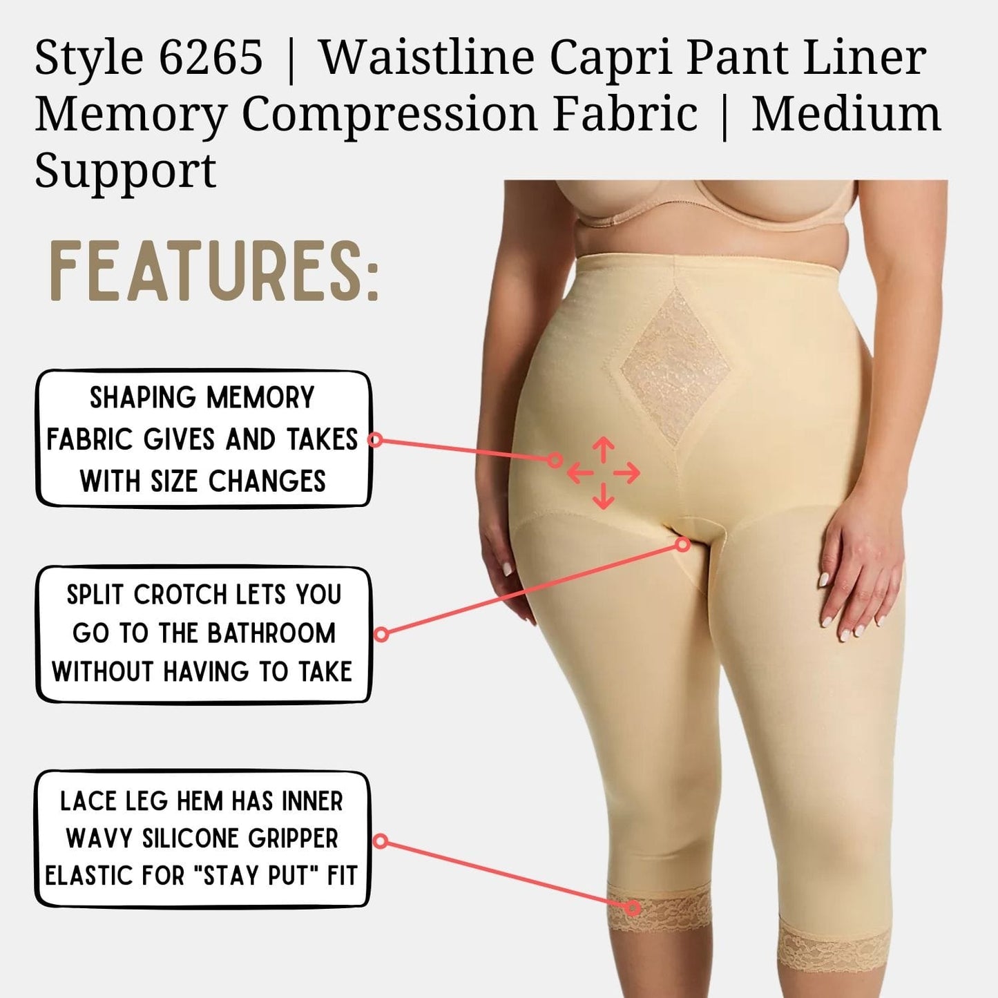 Style 6265 | Waistline Capri Pant Liner with Tummy Control Panel| Memory Compression Fabric | Medium Support