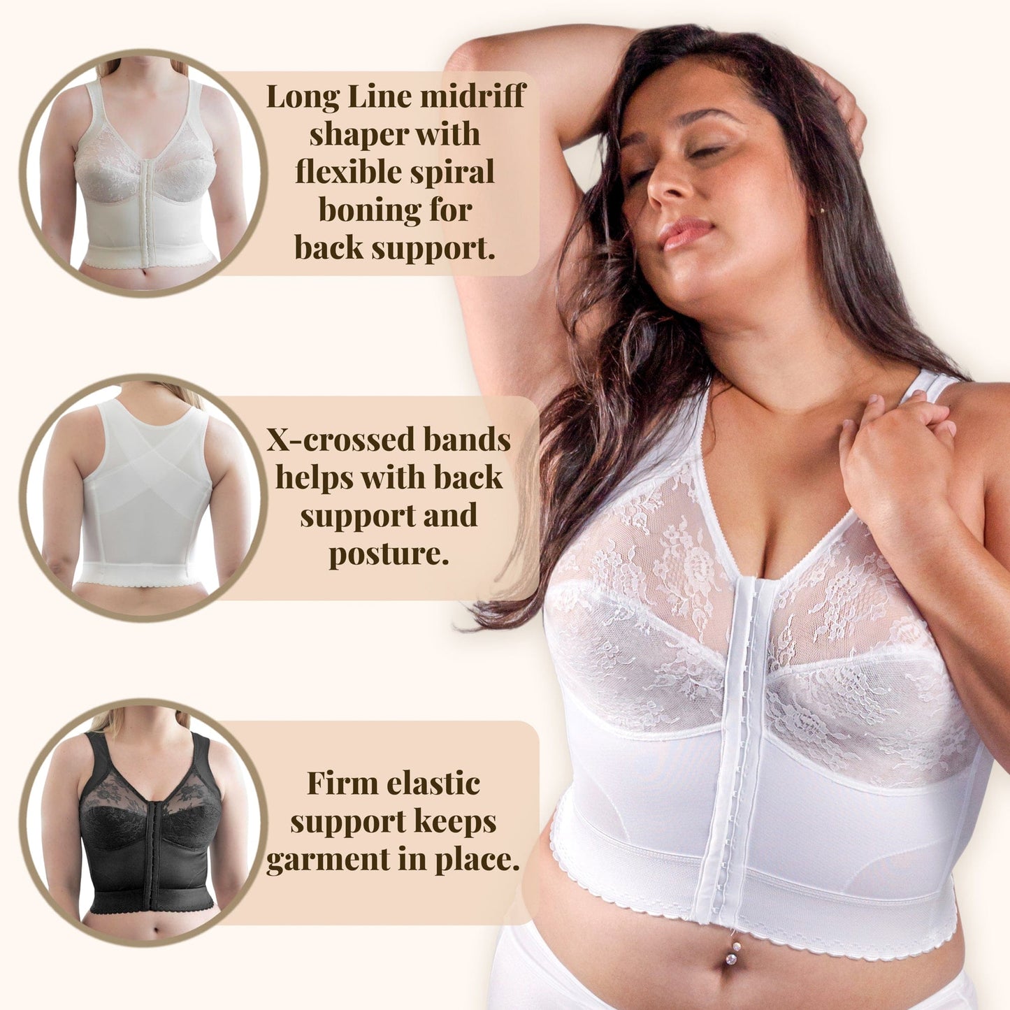 Style 9603 | Front Closure Back Support Long Line Bra - White