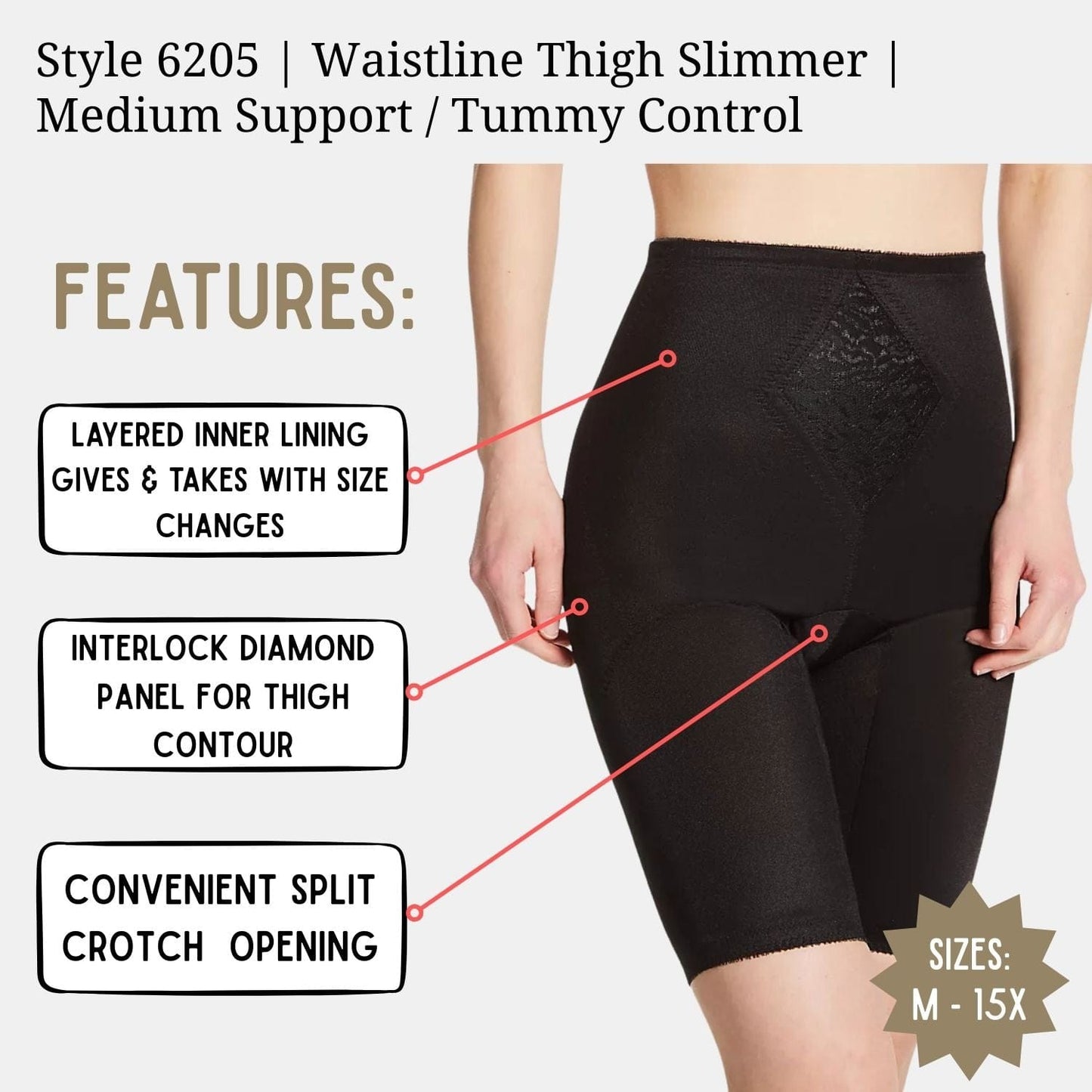 Style 6205 | Waistline Thigh Slimmer | Medium Support | Tummy Control
