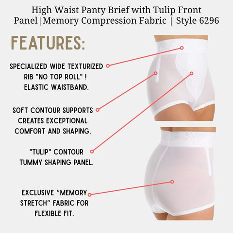 Style 6296 | High Waist Panty Brief with Tulip Front Panel | Memory Compression Fabric | Medium Support