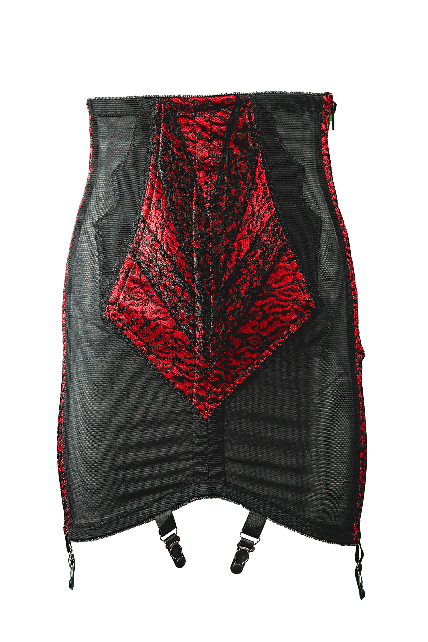 Retro Open Bottom Girdle with Side Zip in Black Power Mesh, Satin & Lace 